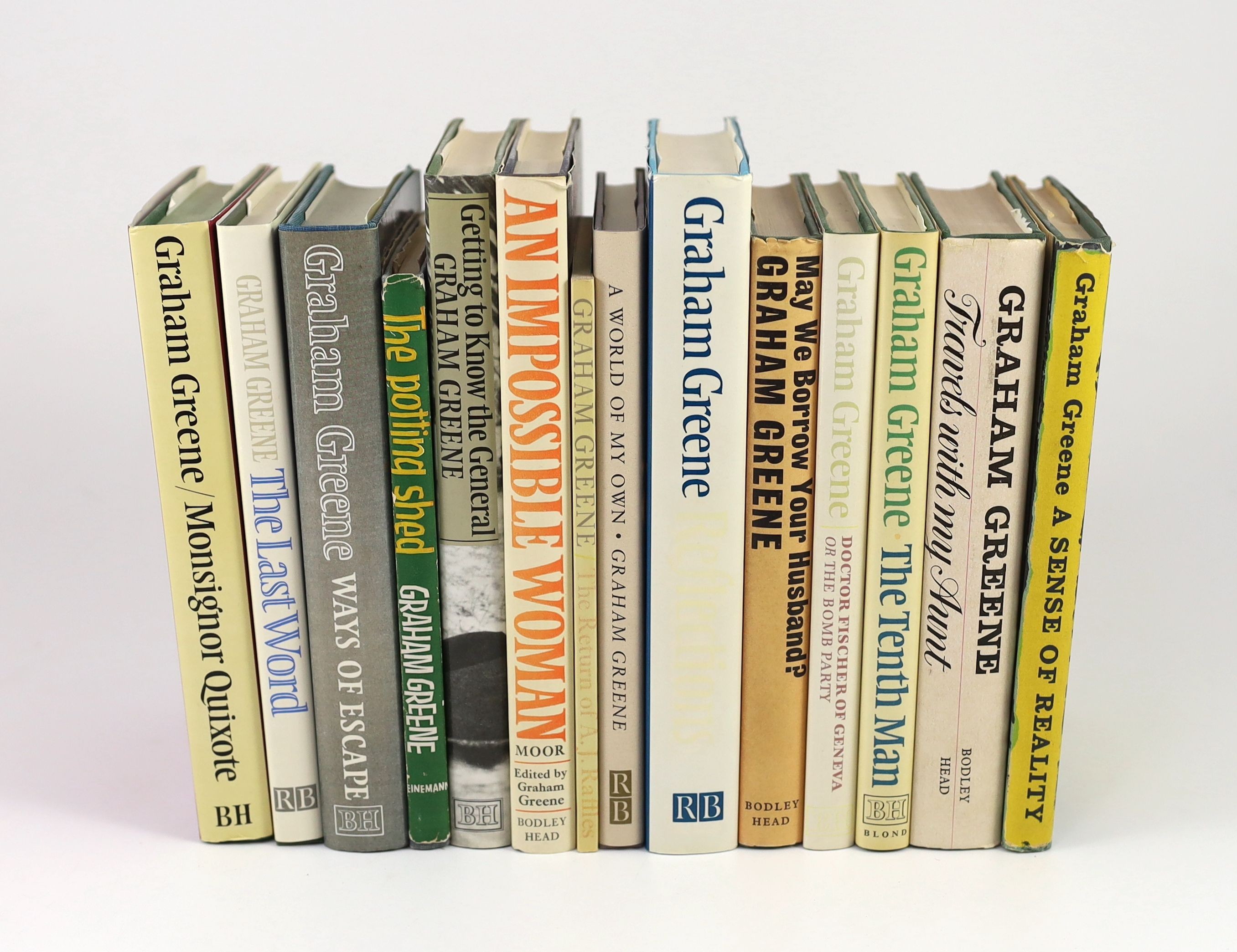 Greene, Graham - 14 works, all 1st editions, in d/j’s:- Monsignor Quixote, 1982; A Sense of Reality, 1963; Travels with my Aunt, 1969; The Tenth Man, 1985; Doctor Fischer of Geneva or The Bomb Party, 1980; May We Borrow